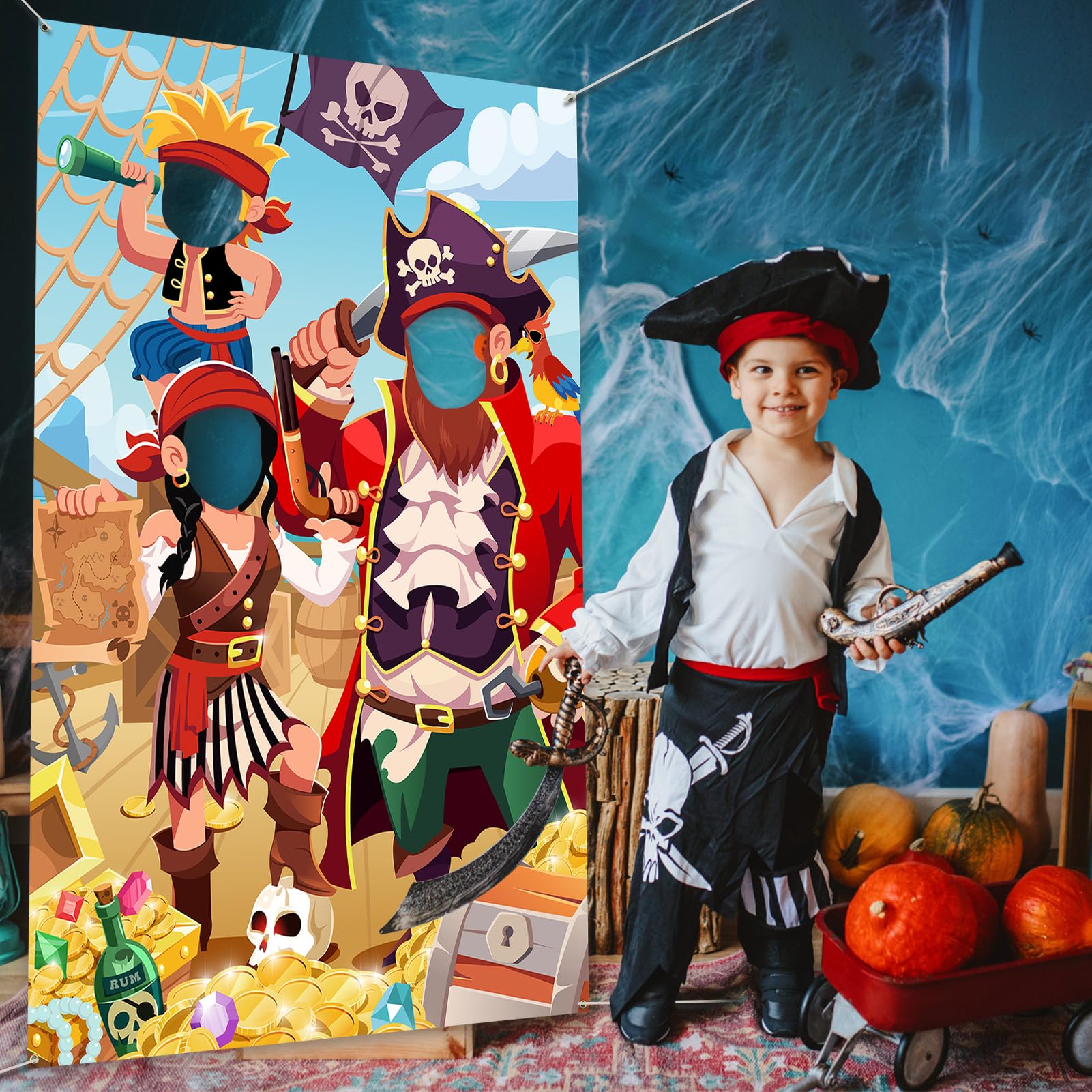 DPKOW Kids Pirate Photo Prop Banner - Fun Face in Hole Backdrop for Birthday Party Decorations, 3.3x6ft