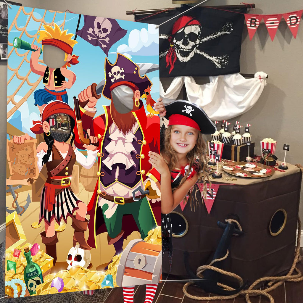 DPKOW Kids Pirate Photo Prop Banner - Fun Face in Hole Backdrop for Birthday Party Decorations, 3.3x6ft