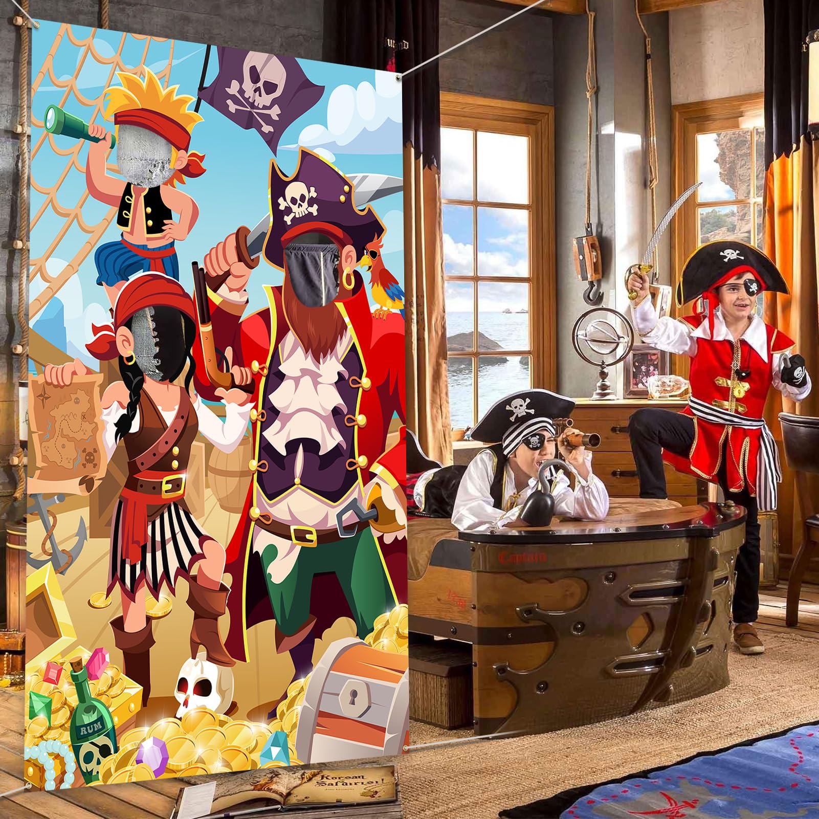 DPKOW Kids Pirate Photo Prop Banner - Fun Face in Hole Backdrop for Birthday Party Decorations, 3.3x6ft