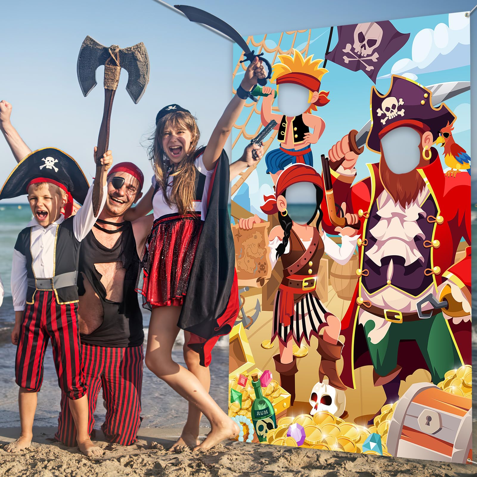 DPKOW Kids Pirate Photo Prop Banner - Fun Face in Hole Backdrop for Birthday Party Decorations, 3.3x6ft