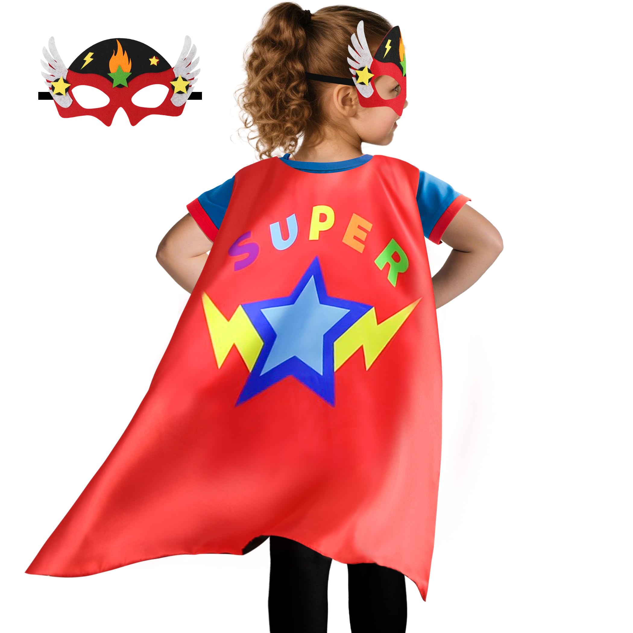 D.Q.Z Star Superhero Cape and Mask Set - Silky Satin Cape with Adjustable Fit for Kids Ages 3-9