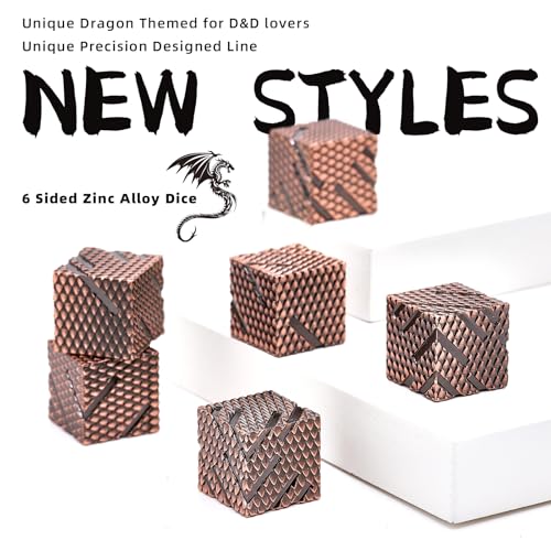 Dragon Scale Metal D6 Dice Set – 6 Zinc Alloy 16mm Dice with 3D Engraving, Copper Finish, Gift Box Included