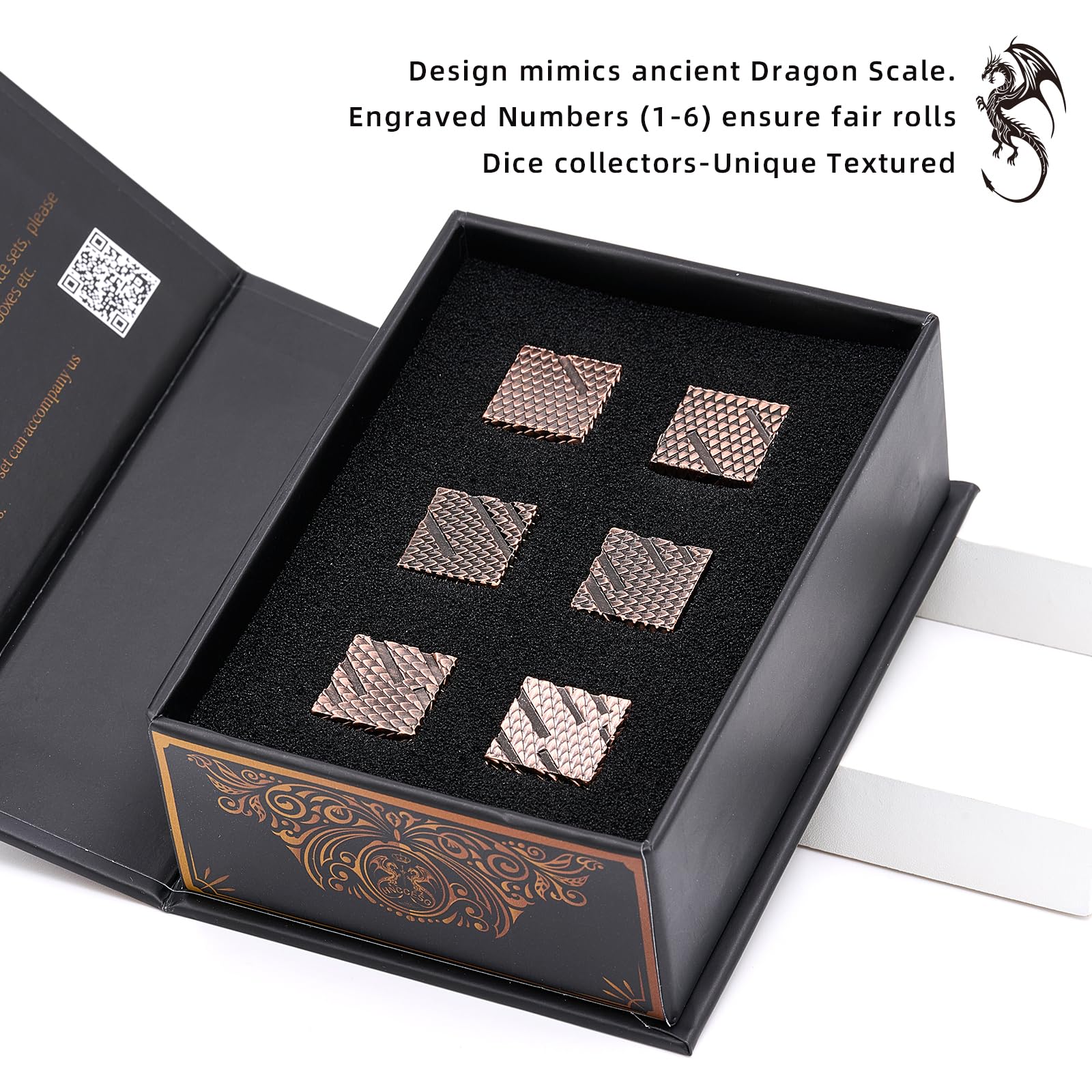 Dragon Scale Metal D6 Dice Set – 6 Zinc Alloy 16mm Dice with 3D Engraving, Copper Finish, Gift Box Included