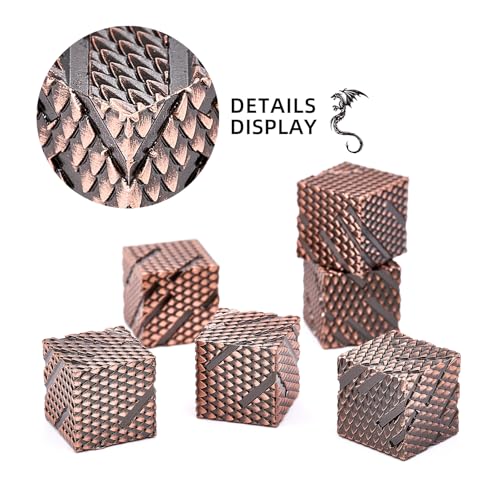 Dragon Scale Metal D6 Dice Set – 6 Zinc Alloy 16mm Dice with 3D Engraving, Copper Finish, Gift Box Included