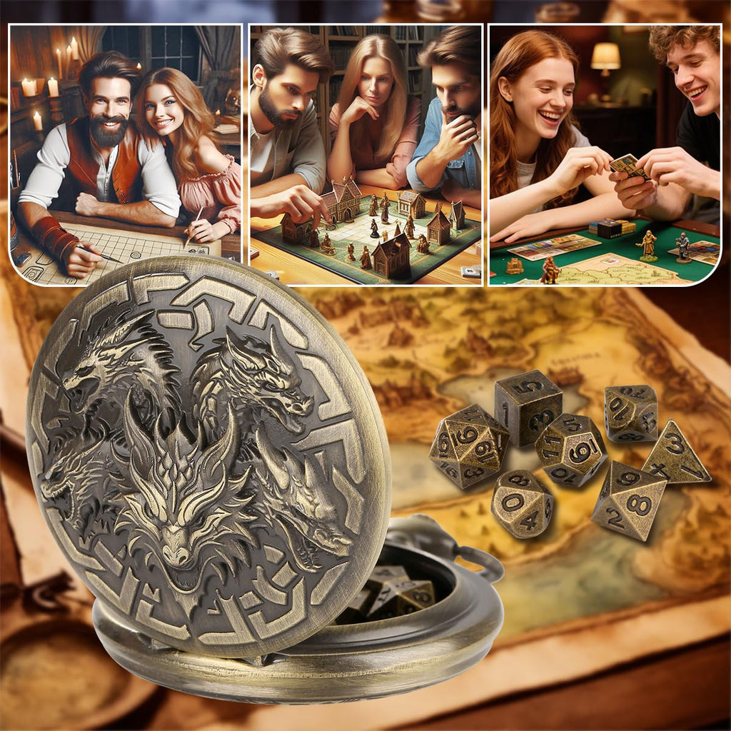 Dragon-Themed Pocket Watch Dice Case with 7 Mini Polyhedral Dice Set - D&D Gift for RPG Players with Leather Bag