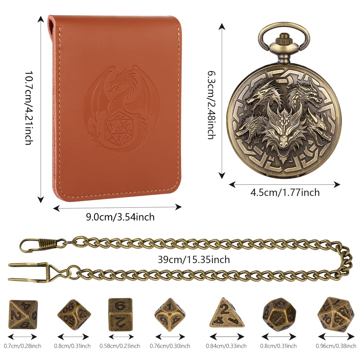 Dragon-Themed Pocket Watch Dice Case with 7 Mini Polyhedral Dice Set - D&D Gift for RPG Players with Leather Bag