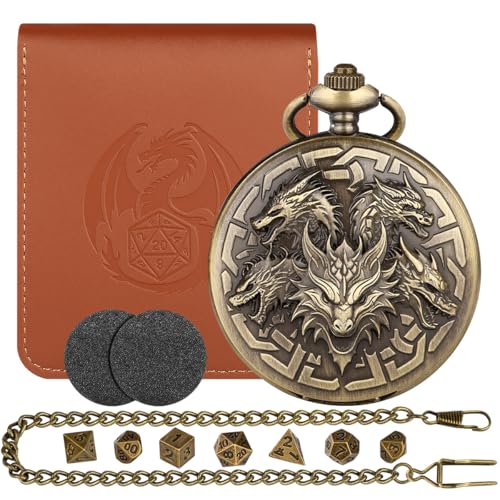 Dragon-Themed Pocket Watch Dice Case with 7 Mini Polyhedral Dice Set - D&D Gift for RPG Players with Leather Bag