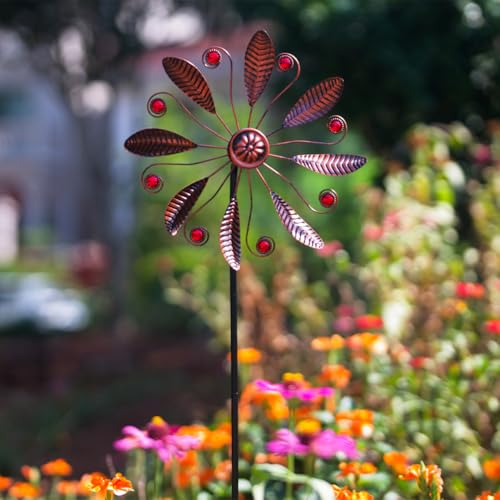 DREAMSOUL 10.6 Inch Single Blade Wind Spinner - Antique Bronze with Red Beads for Outdoor Garden Decor