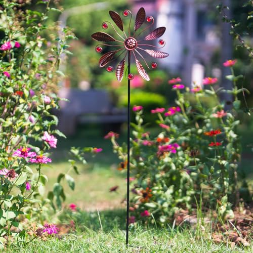 DREAMSOUL 10.6 Inch Single Blade Wind Spinner - Antique Bronze with Red Beads for Outdoor Garden Decor