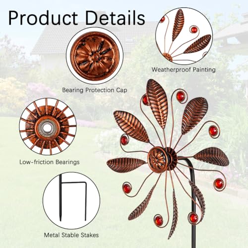 DREAMSOUL 10.6 Inch Single Blade Wind Spinner - Antique Bronze with Red Beads for Outdoor Garden Decor