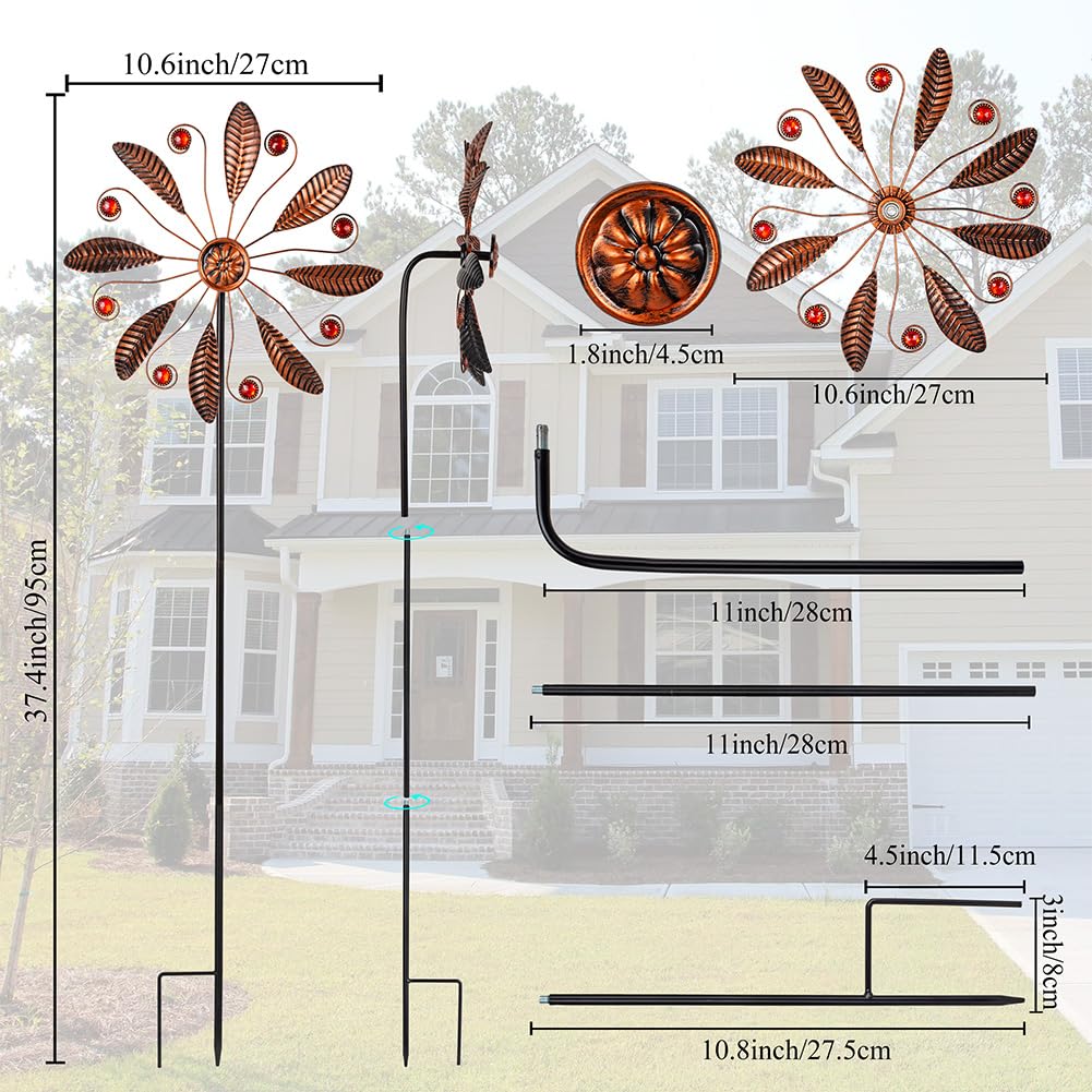 DREAMSOUL 10.6 Inch Single Blade Wind Spinner - Antique Bronze with Red Beads for Outdoor Garden Decor