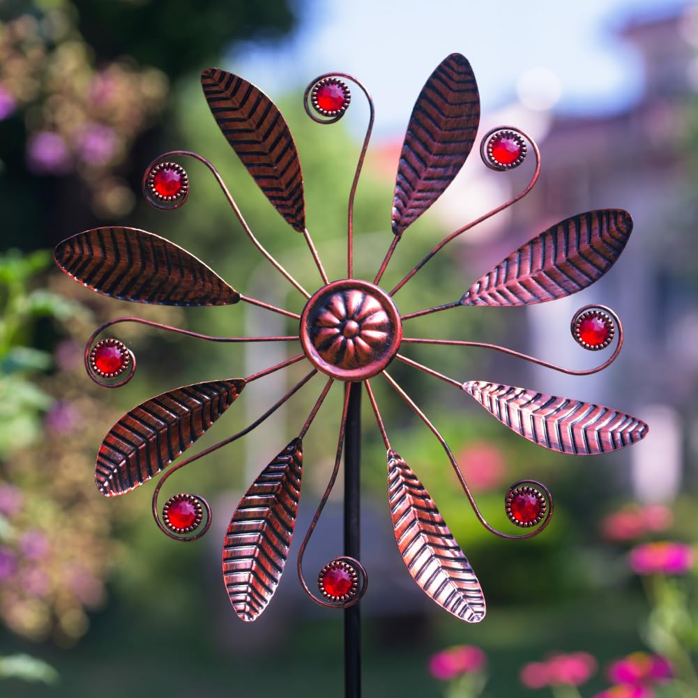 DREAMSOUL 10.6 Inch Single Blade Wind Spinner - Antique Bronze with Red Beads for Outdoor Garden Decor