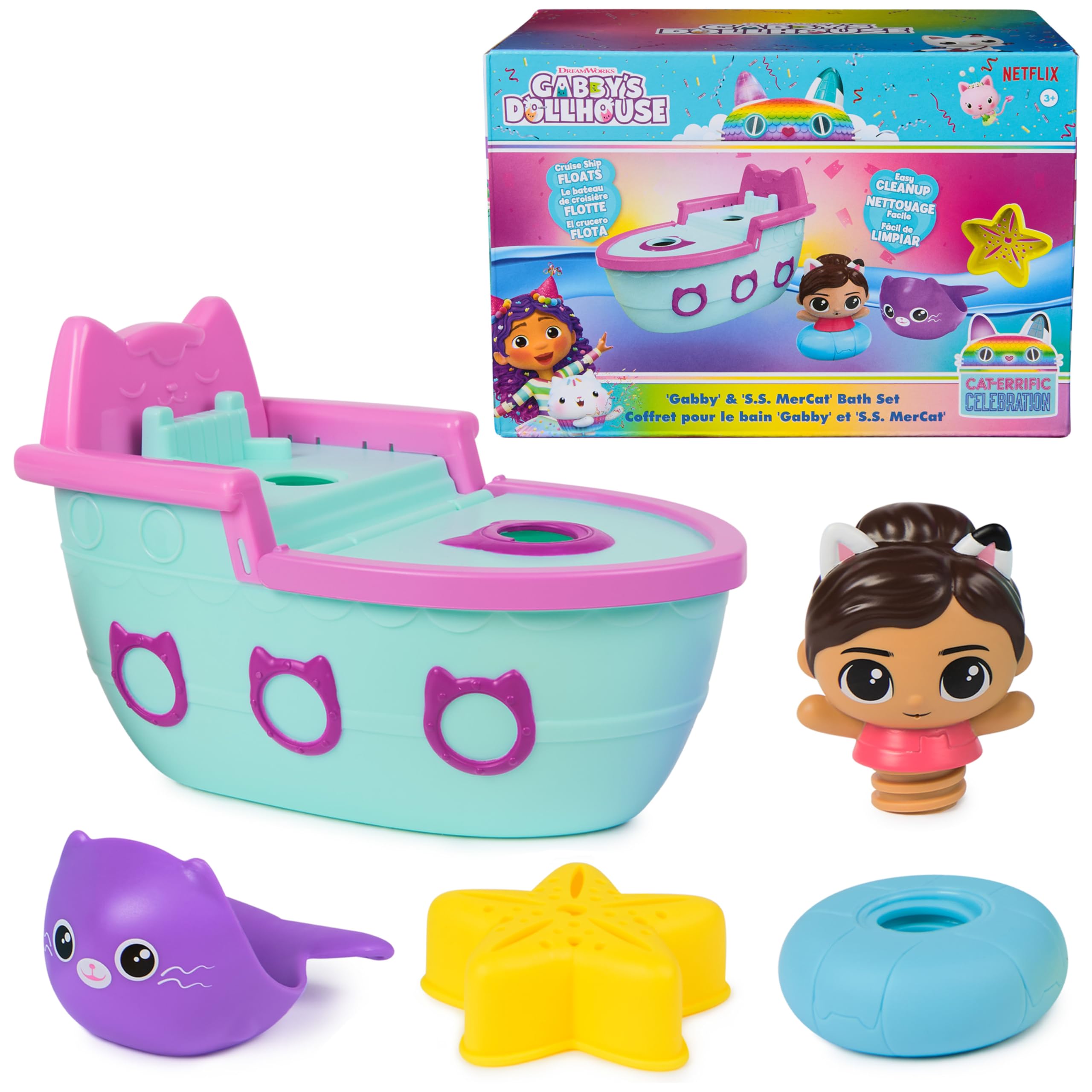 DreamWorks Gabby's Dollhouse Gabby & SS Mercat Bath Set - Floating Toddler Bath Toys with Cruise Ship and Squirter