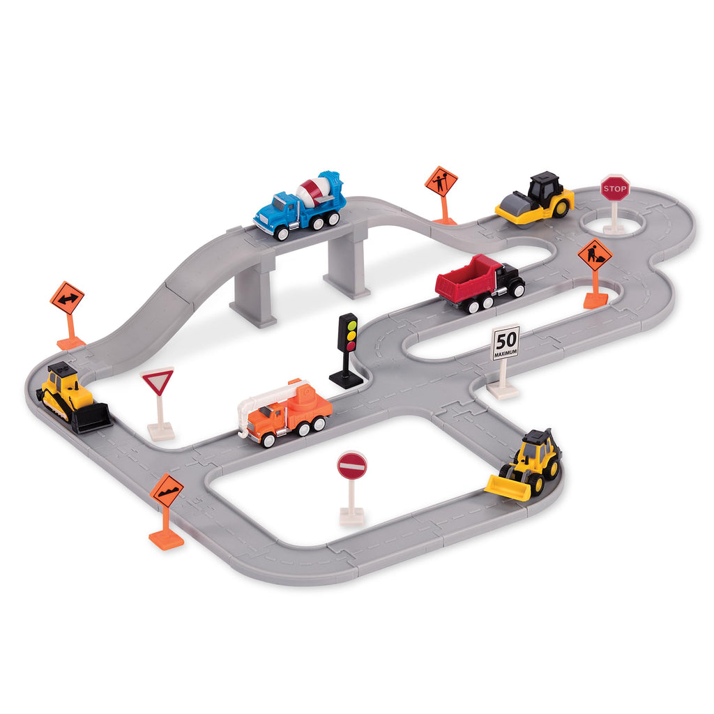 Driven by Battat 57-Piece Construction Toy Playset – 6 Mini Trucks, Tracks & Signs, Ages 3+