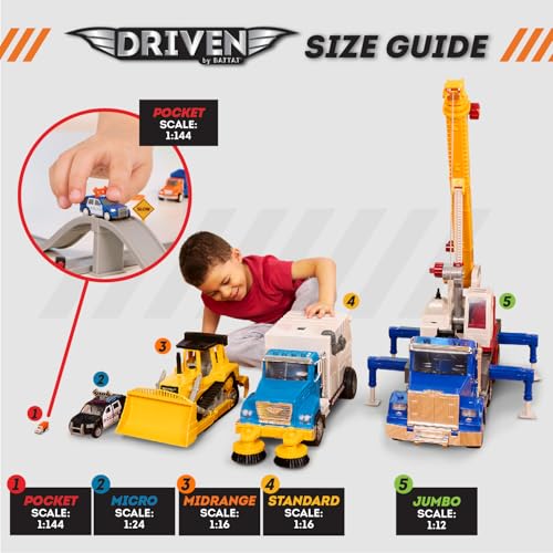 Driven by Battat 57-Piece Construction Toy Playset – 6 Mini Trucks, Tracks & Signs, Ages 3+