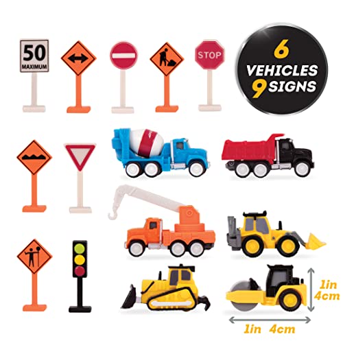 Driven by Battat 57-Piece Construction Toy Playset – 6 Mini Trucks, Tracks & Signs, Ages 3+