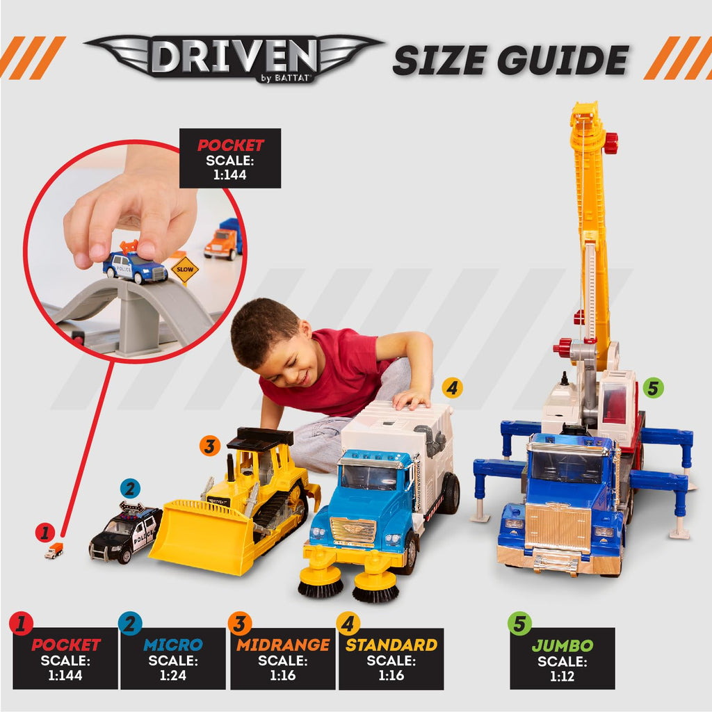 Driven by Battat 57-Piece Construction Toy Playset – 6 Mini Trucks, Tracks & Signs, Ages 3+