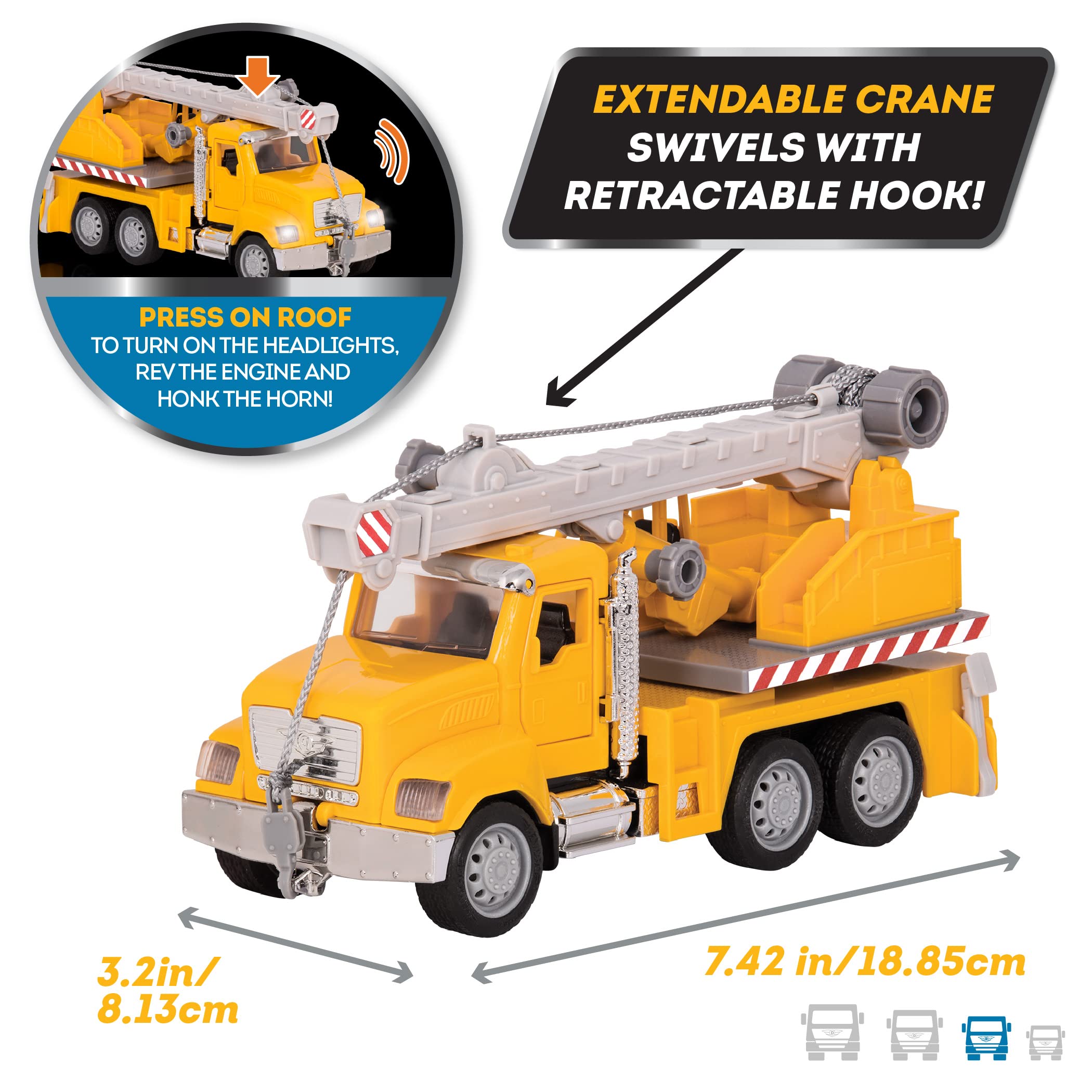 Driven by Battat 7-Inch Crane Truck Toy with Lights, Sounds, and Movable Parts for Kids Ages 3+