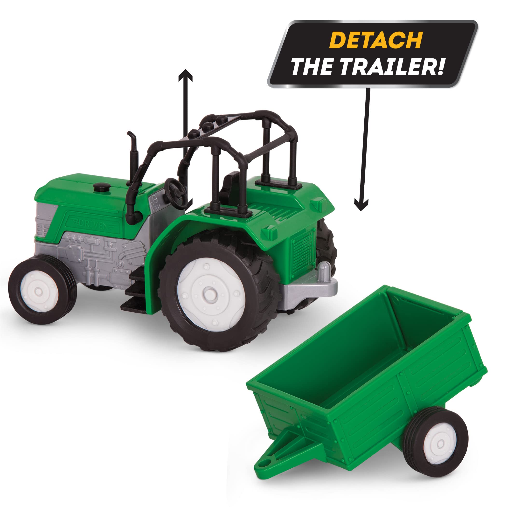 Driven by Battat 7-Inch Toy Tractor with Lights, Sounds, and Detachable Trailer for Kids Ages 3+