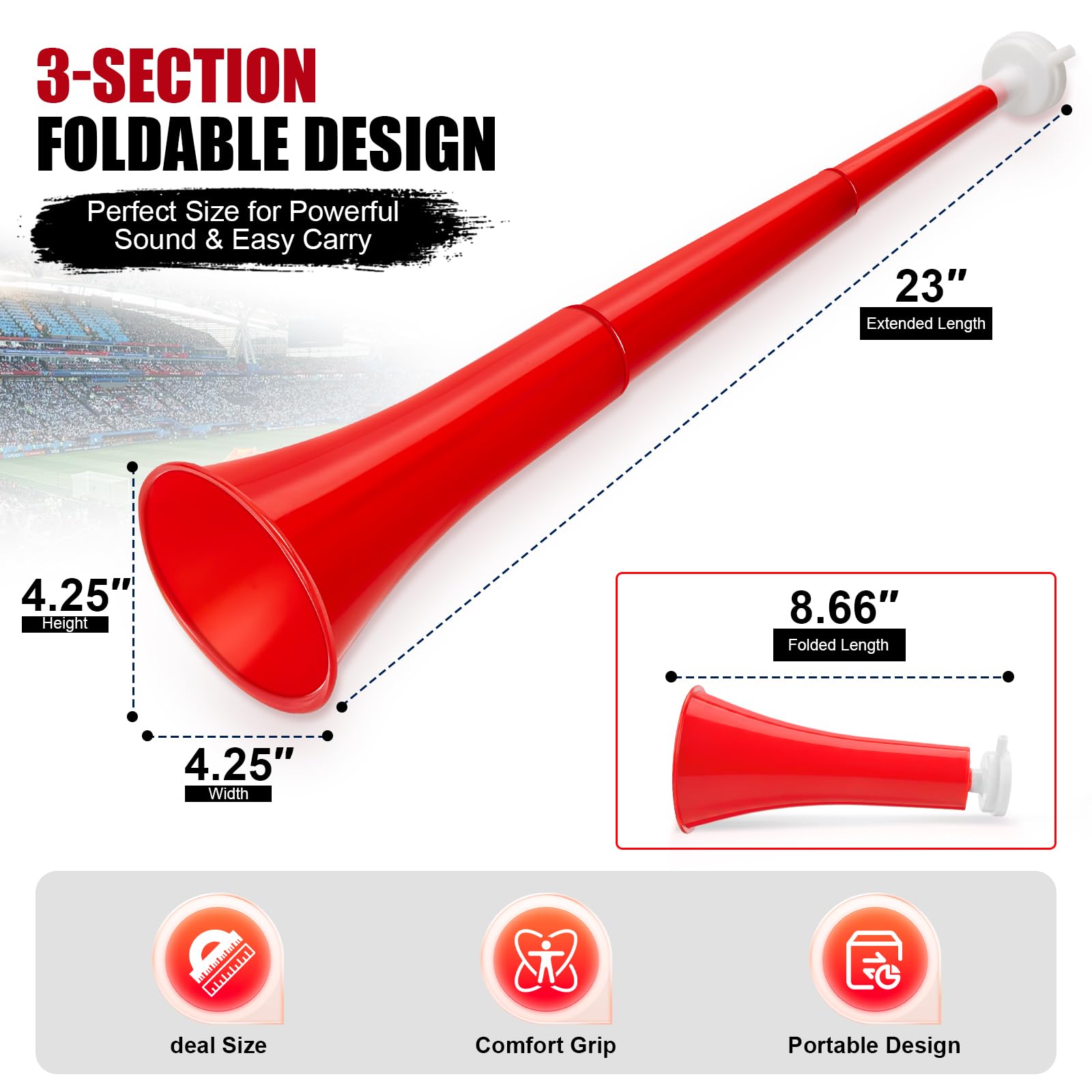 Druvian Red Vuvuzela – 23-Inch Foldable Stadium Horn with Loud Sound for Sports, Parties, and Emergencies