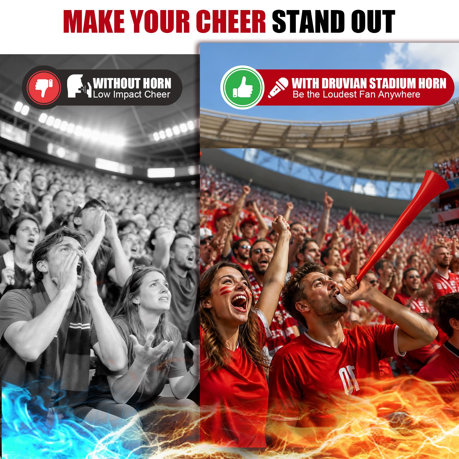 Druvian Red Vuvuzela – 23-Inch Foldable Stadium Horn with Loud Sound for Sports, Parties, and Emergencies