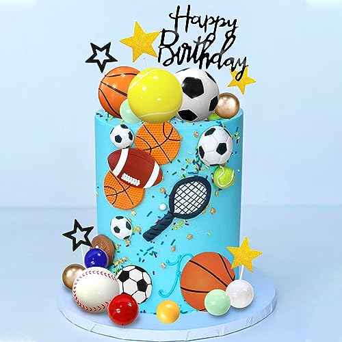 DRWATE 37-Piece Sports Cake Topper Set - Soccer, Football, Baseball, Basketball, Tennis, Golf - Birthday Party Decorations