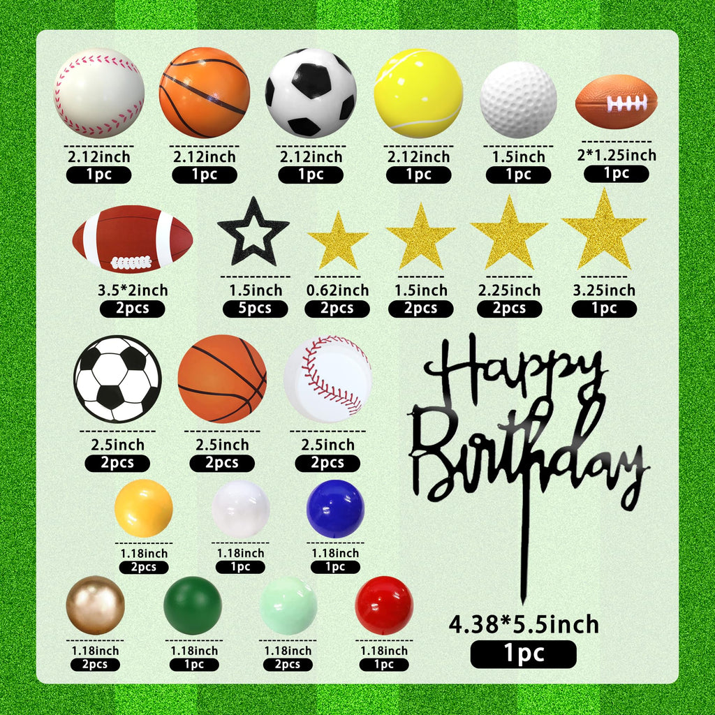 DRWATE 37-Piece Sports Cake Topper Set - Soccer, Football, Baseball, Basketball, Tennis, Golf - Birthday Party Decorations