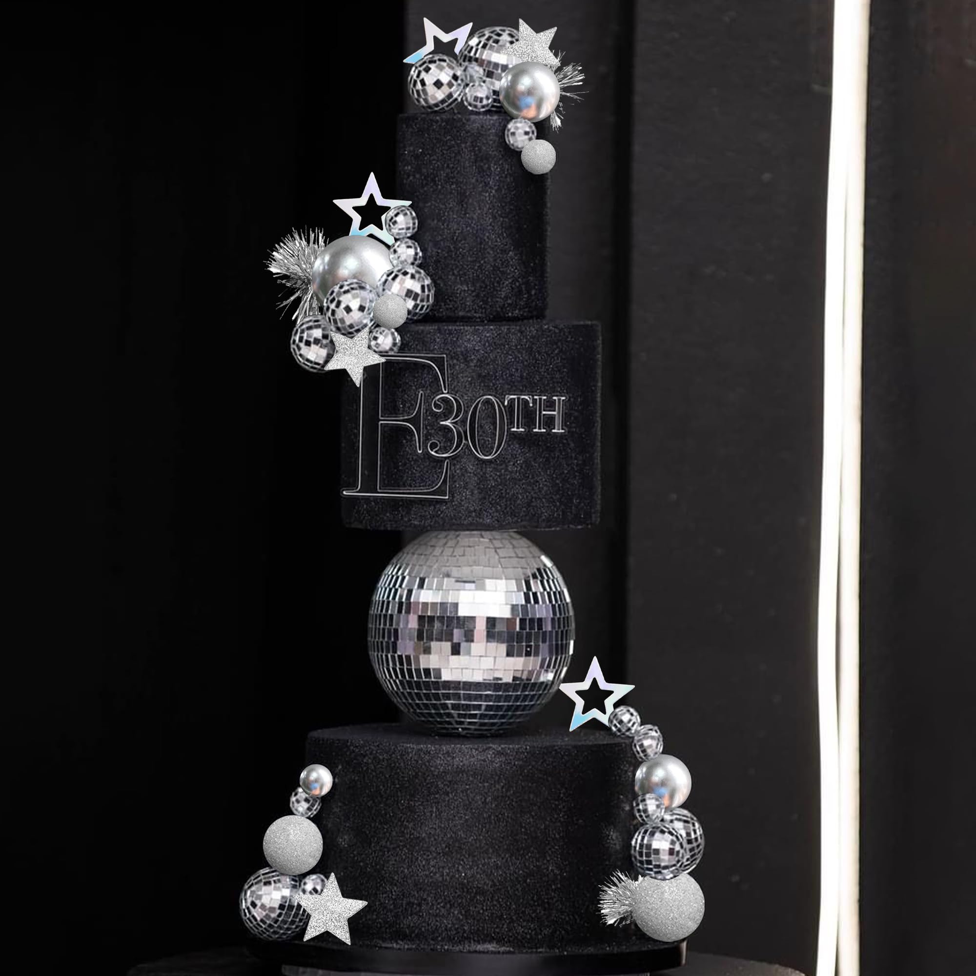 DRWATE 47-Piece Disco Ball Cake Topper Set - Mirror Balls, Stars & Fireworks for 70s 80s Party Decor