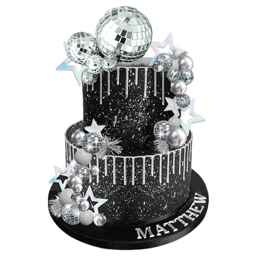 DRWATE 47-Piece Disco Ball Cake Topper Set - Mirror Balls, Stars & Fireworks for 70s 80s Party Decor