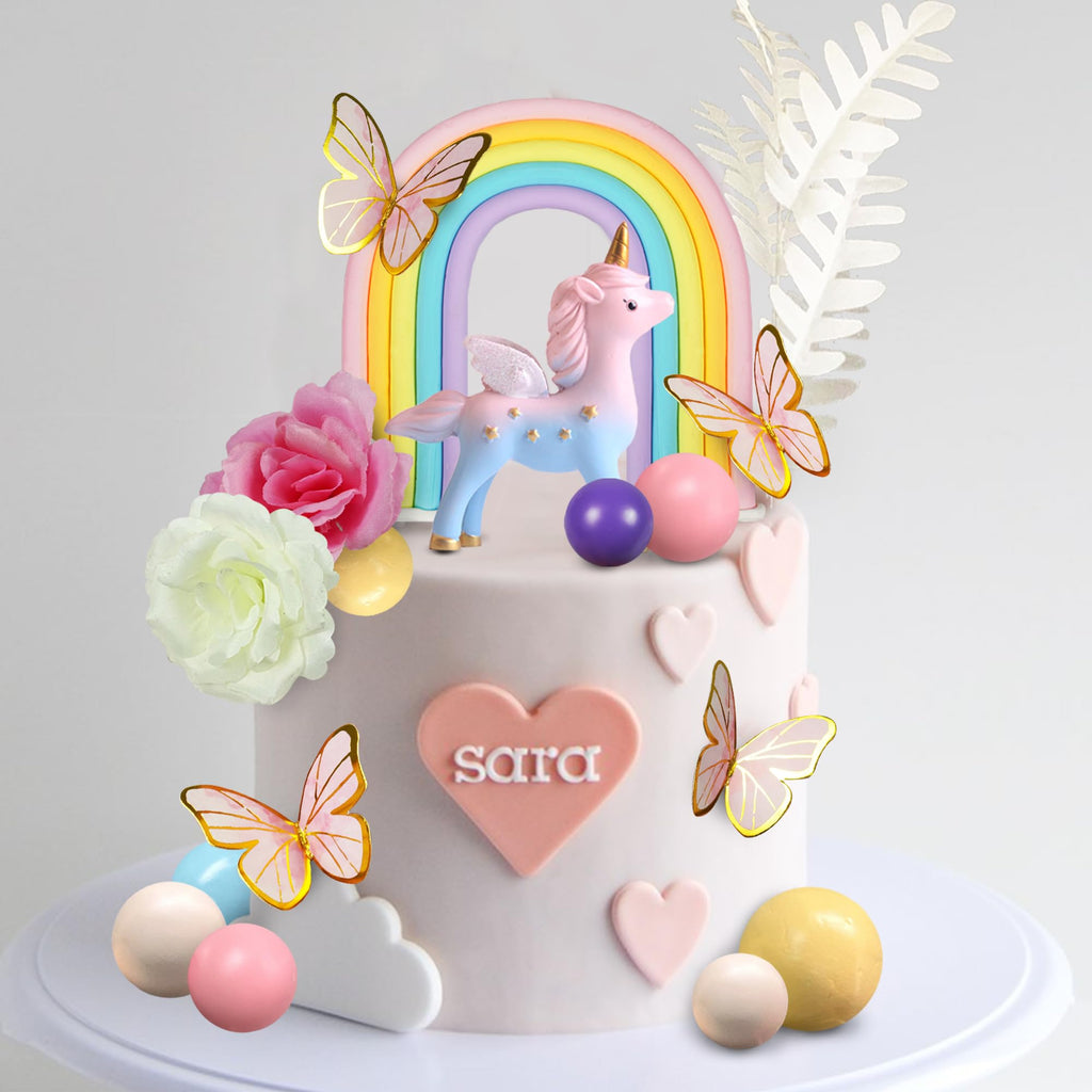 DRWATE 47-Piece Unicorn Cake Topper Set with Rainbow, Butterflies, and Foam Balls - Birthday Party Decorations