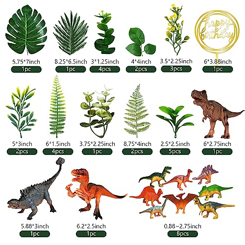 DRWATE Dinosaur Cake Toppers Set - 37 Pieces with Tyrannosaurus, Ankylosaur, Velociraptor, Artificial Plants, and Golden Birthday Topper for Dinosaur Theme Jungle Party