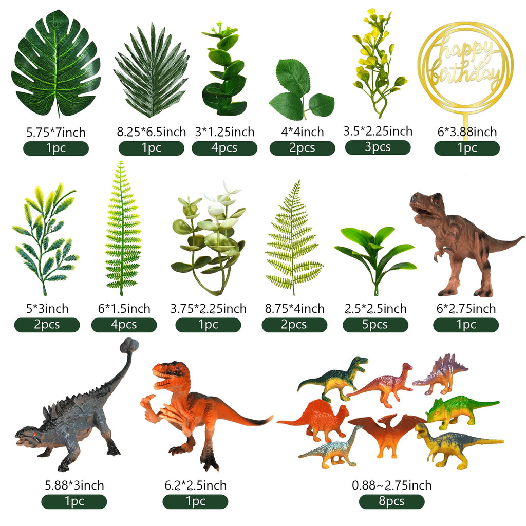 DRWATE Dinosaur Cake Toppers Set - 37 Pieces with Tyrannosaurus, Ankylosaur, Velociraptor, Artificial Plants, and Golden Birthday Topper for Dinosaur Theme Jungle Party