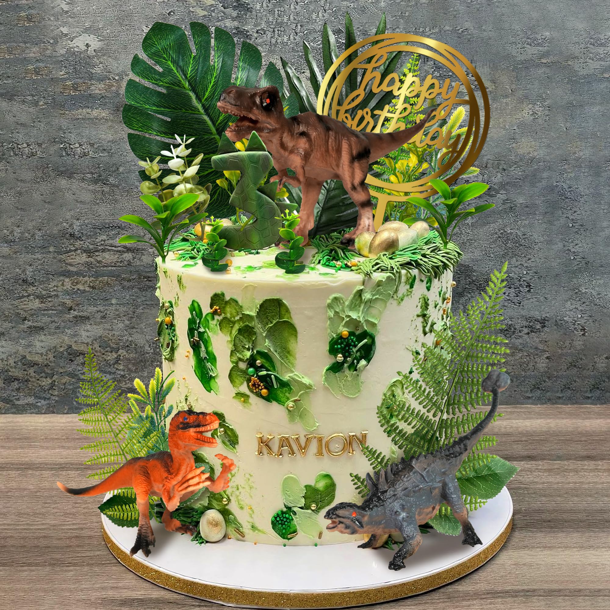 DRWATE Dinosaur Cake Toppers Set - 37 Pieces with Tyrannosaurus, Ankylosaur, Velociraptor, Artificial Plants, and Golden Birthday Topper for Dinosaur Theme Jungle Party