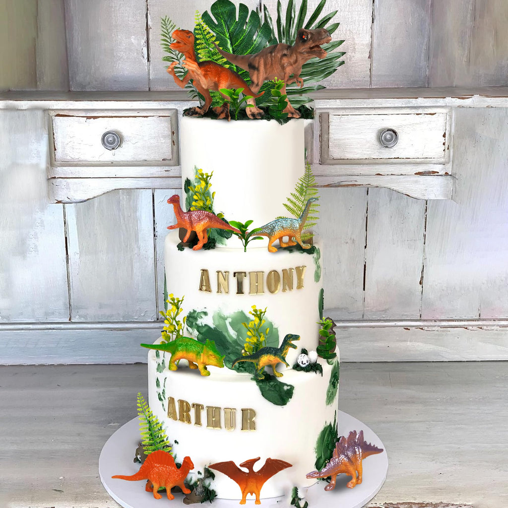 DRWATE Dinosaur Cake Toppers Set - 37 Pieces with Tyrannosaurus, Ankylosaur, Velociraptor, Artificial Plants, and Golden Birthday Topper for Dinosaur Theme Jungle Party