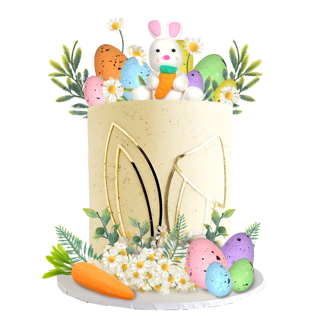 DRWATE Easter Cake Topper Set - 26 Pieces Polymer Clay Rabbit, Carrot, Bunny Ears, Eggs & Daisies for Easter Birthday Fairy Garden Decorations