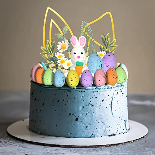 DRWATE Easter Cake Topper Set - 26 Pieces Polymer Clay Rabbit, Carrot, Bunny Ears, Eggs & Daisies for Easter Birthday Fairy Garden Decorations