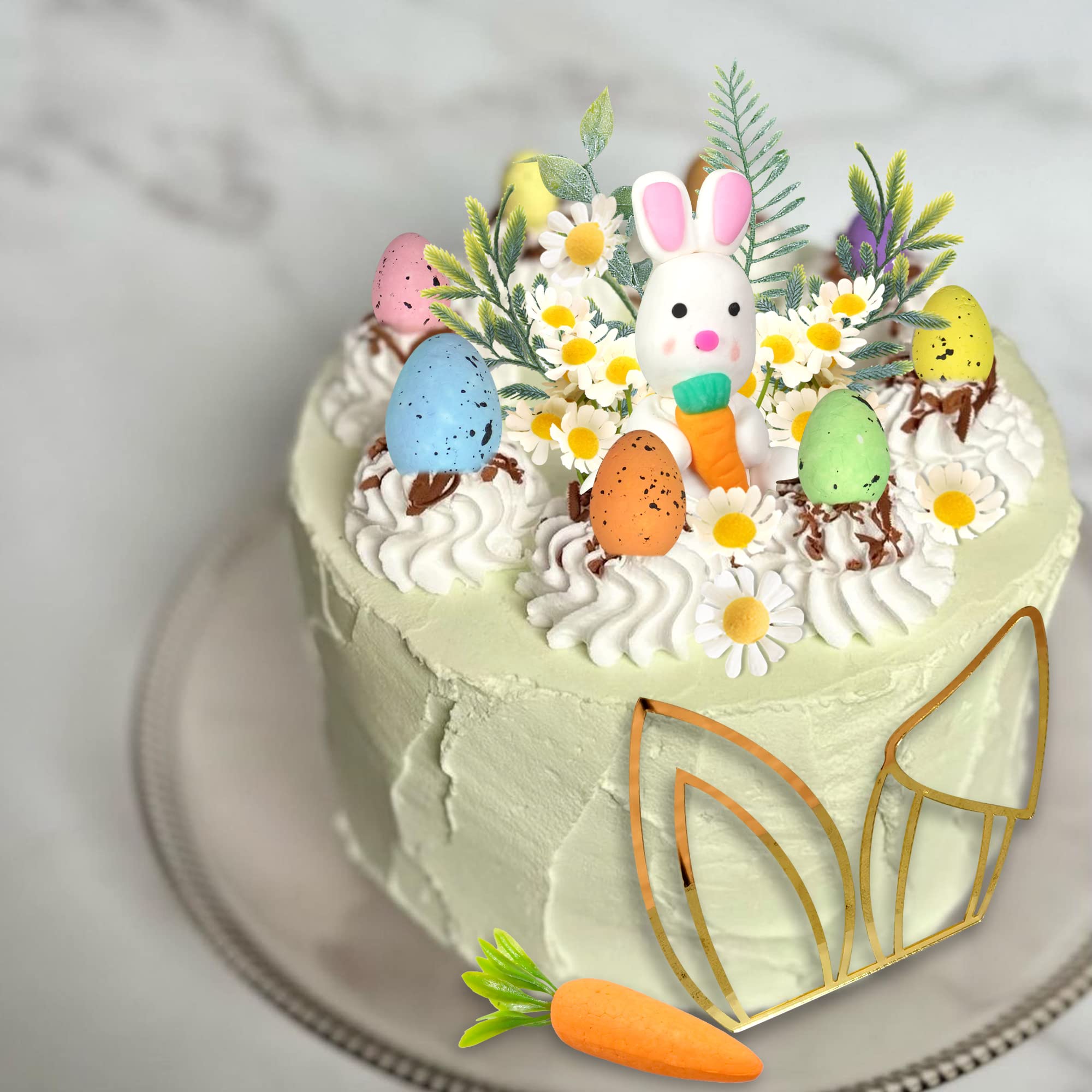 DRWATE Easter Cake Topper Set - 26 Pieces Polymer Clay Rabbit, Carrot, Bunny Ears, Eggs & Daisies for Easter Birthday Fairy Garden Decorations
