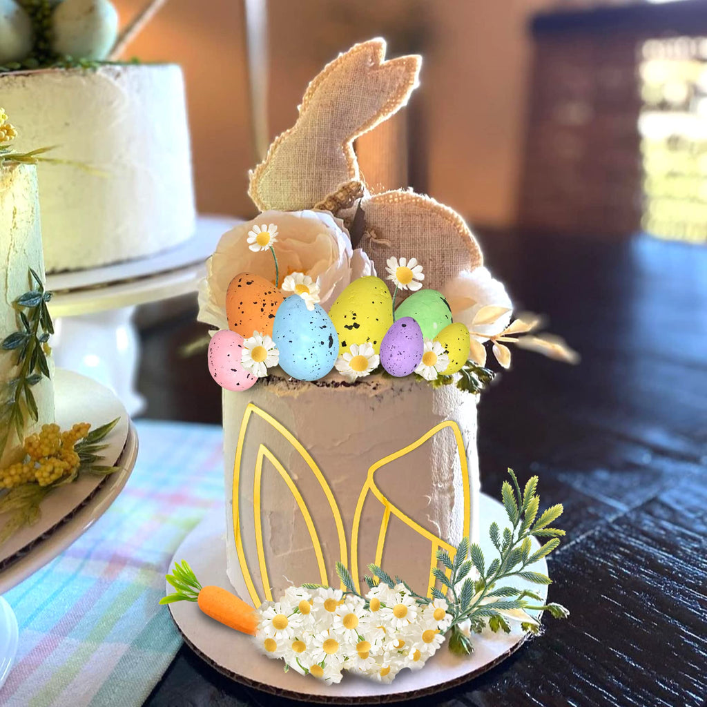 DRWATE Easter Cake Topper Set - 26 Pieces Polymer Clay Rabbit, Carrot, Bunny Ears, Eggs & Daisies for Easter Birthday Fairy Garden Decorations