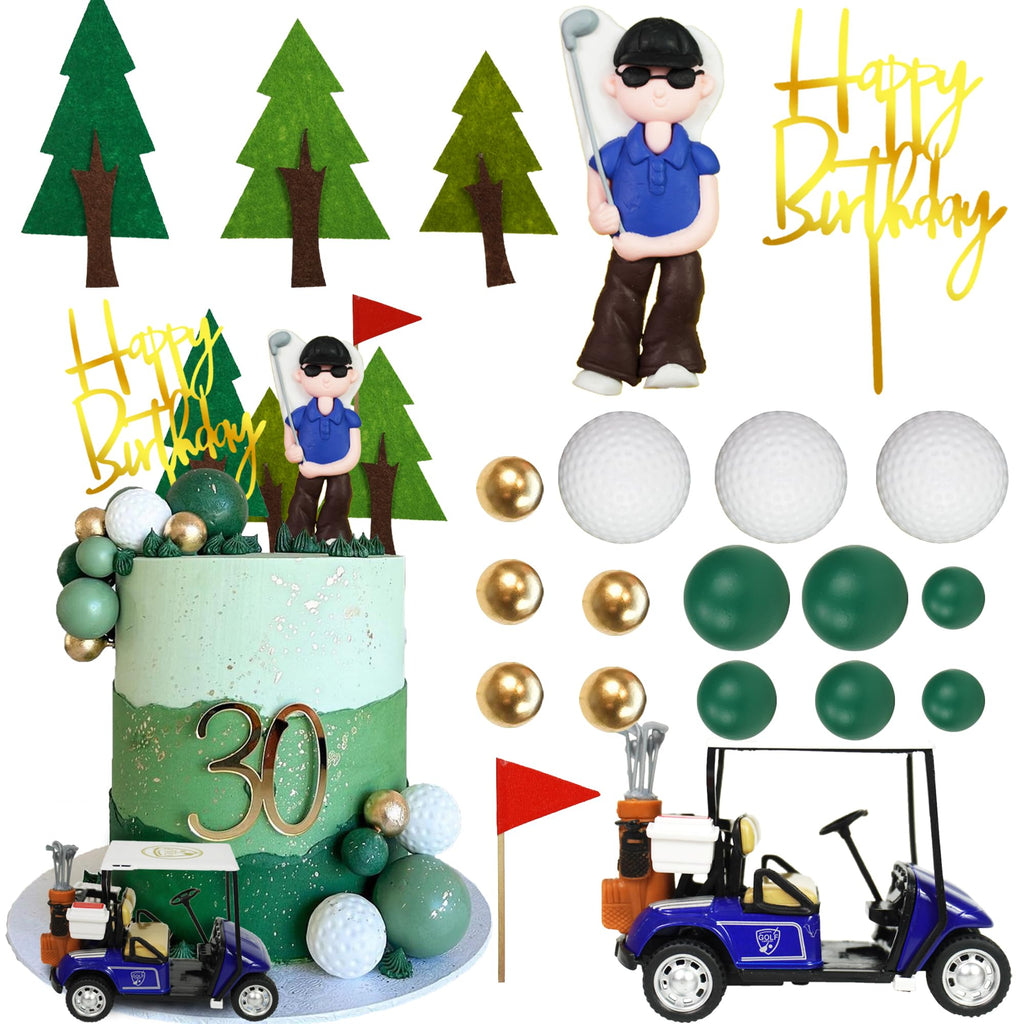DRWATE Golf Cake Toppers Set – 21 Pieces Includes Cart, Figurine, Trees & Balls for Golf Themed Birthday Parties