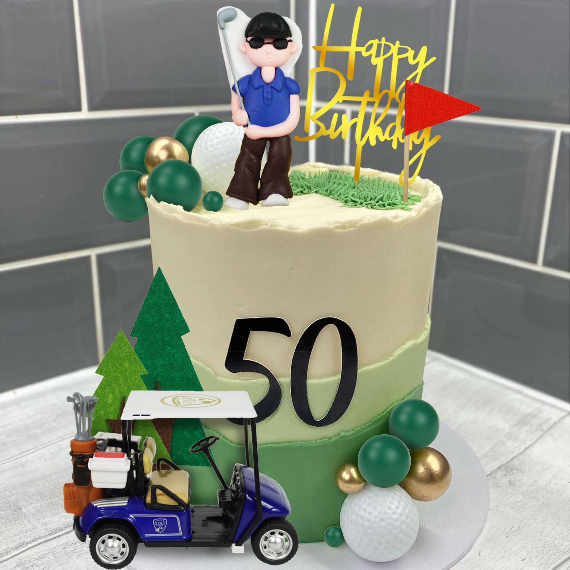 DRWATE Golf Cake Toppers Set – 21 Pieces Includes Cart, Figurine, Trees & Balls for Golf Themed Birthday Parties