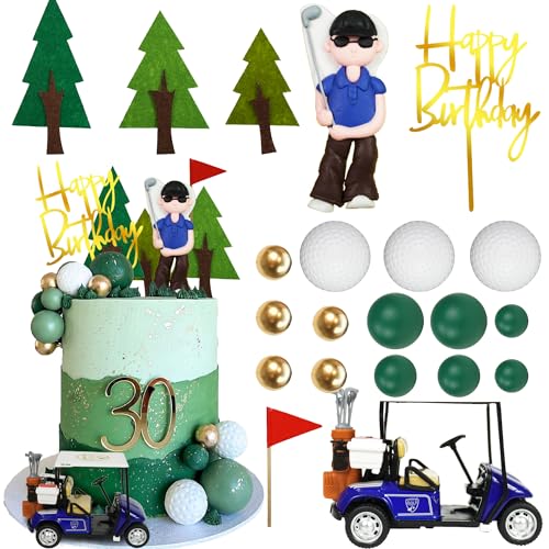 DRWATE Golf Cake Toppers Set – 21 Pieces Includes Cart, Figurine, Trees & Balls for Golf Themed Birthday Parties
