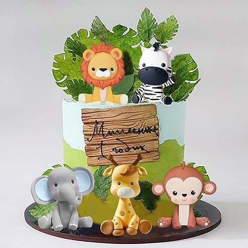 DRWATE Jungle Safari Animal Cake Toppers – 5-Piece Soft Clay Set with Lion, Giraffe, Elephant, Zebra, Monkey for Wild Animal Theme Parties