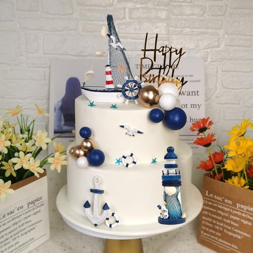 DRWATE Nautical Cake Topper Set with Ship, Lighthouse, Seagulls & Anchor for Nautical Birthday Cakes (24 Pieces, Style 01)