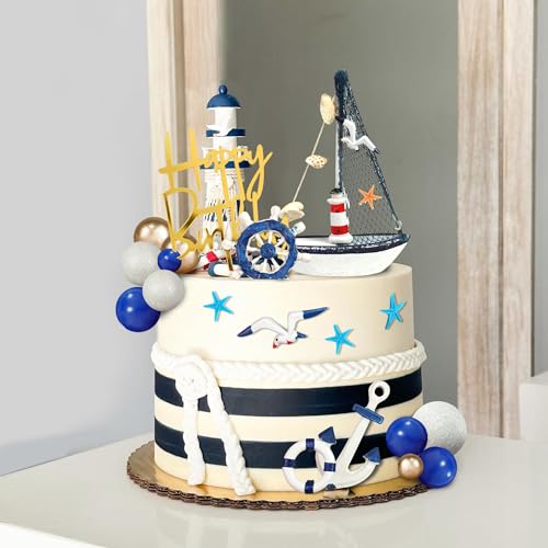 DRWATE Nautical Cake Topper Set with Ship, Lighthouse, Seagulls & Anchor for Nautical Birthday Cakes (24 Pieces, Style 01)