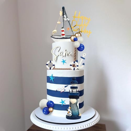 DRWATE Nautical Cake Topper Set with Ship, Lighthouse, Seagulls & Anchor for Nautical Birthday Cakes (24 Pieces, Style 01)