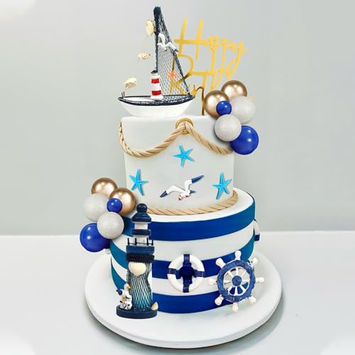 DRWATE Nautical Cake Topper Set with Ship, Lighthouse, Seagulls & Anchor for Nautical Birthday Cakes (24 Pieces, Style 01)