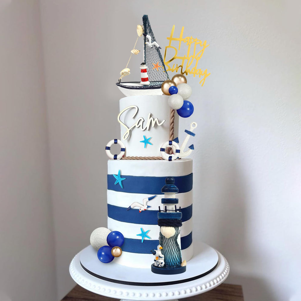 DRWATE Nautical Cake Topper Set with Ship, Lighthouse, Seagulls & Anchor for Nautical Birthday Cakes (24 Pieces, Style 01)