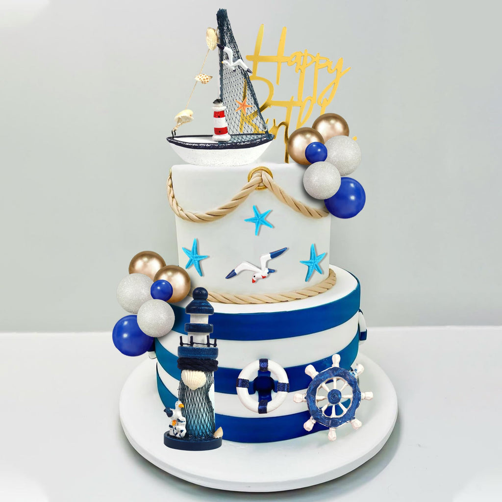 DRWATE Nautical Cake Topper Set with Ship, Lighthouse, Seagulls & Anchor for Nautical Birthday Cakes (24 Pieces, Style 01)