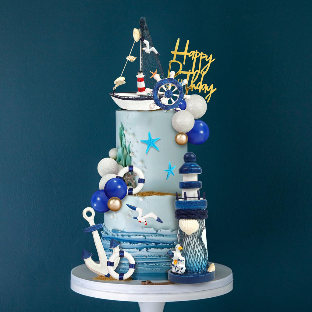 DRWATE Nautical Cake Topper Set with Ship, Lighthouse, Seagulls & Anchor for Nautical Birthday Cakes (24 Pieces, Style 01)