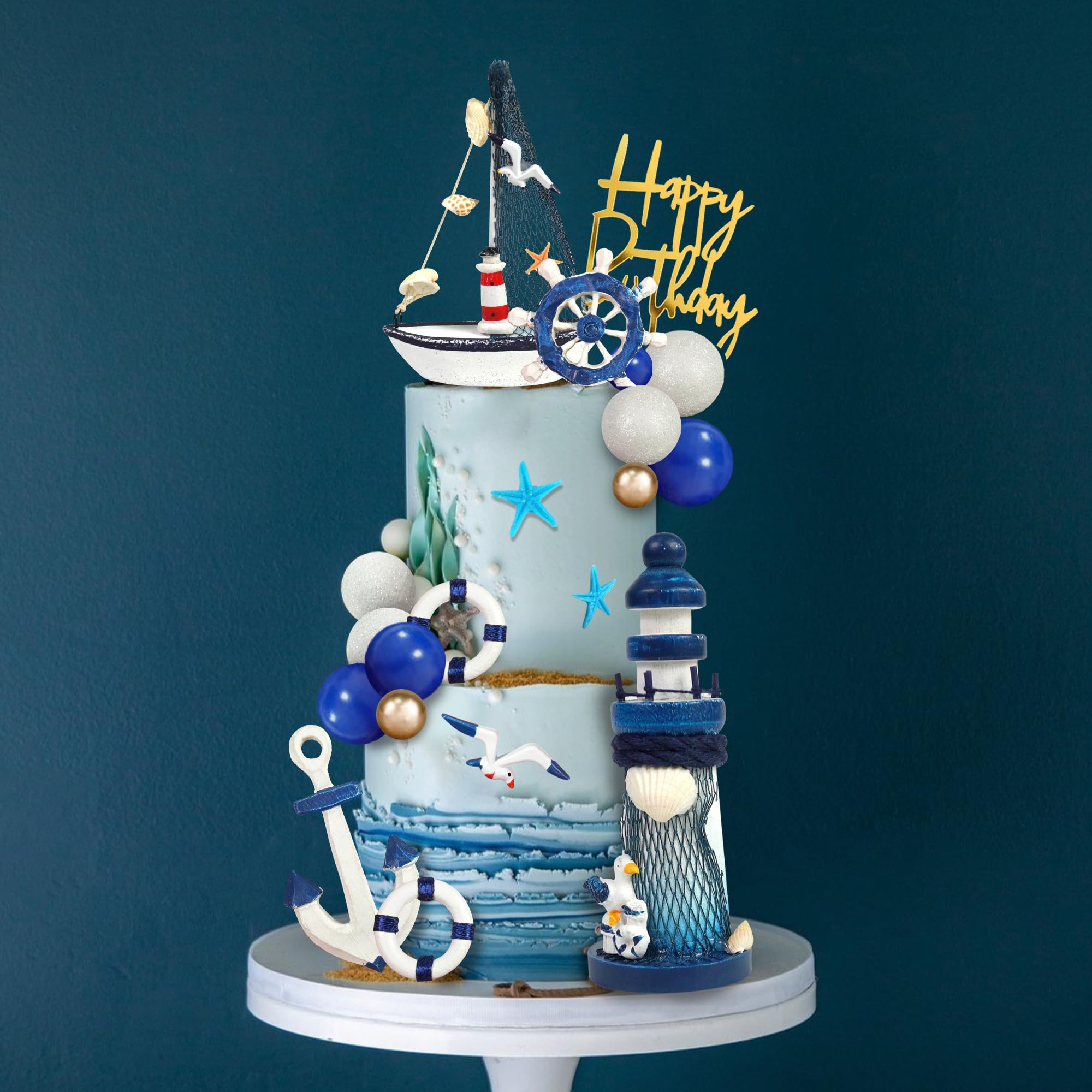 DRWATE Nautical Cake Topper Set with Ship, Lighthouse, Seagulls & Anchor for Nautical Birthday Cakes (24 Pieces, Style 01)